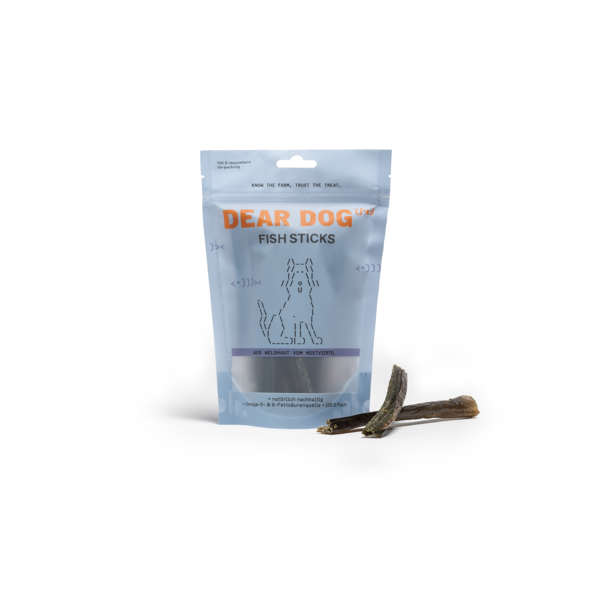 Dear Dog Fish Sticks Verpackung mit Produkt daneben