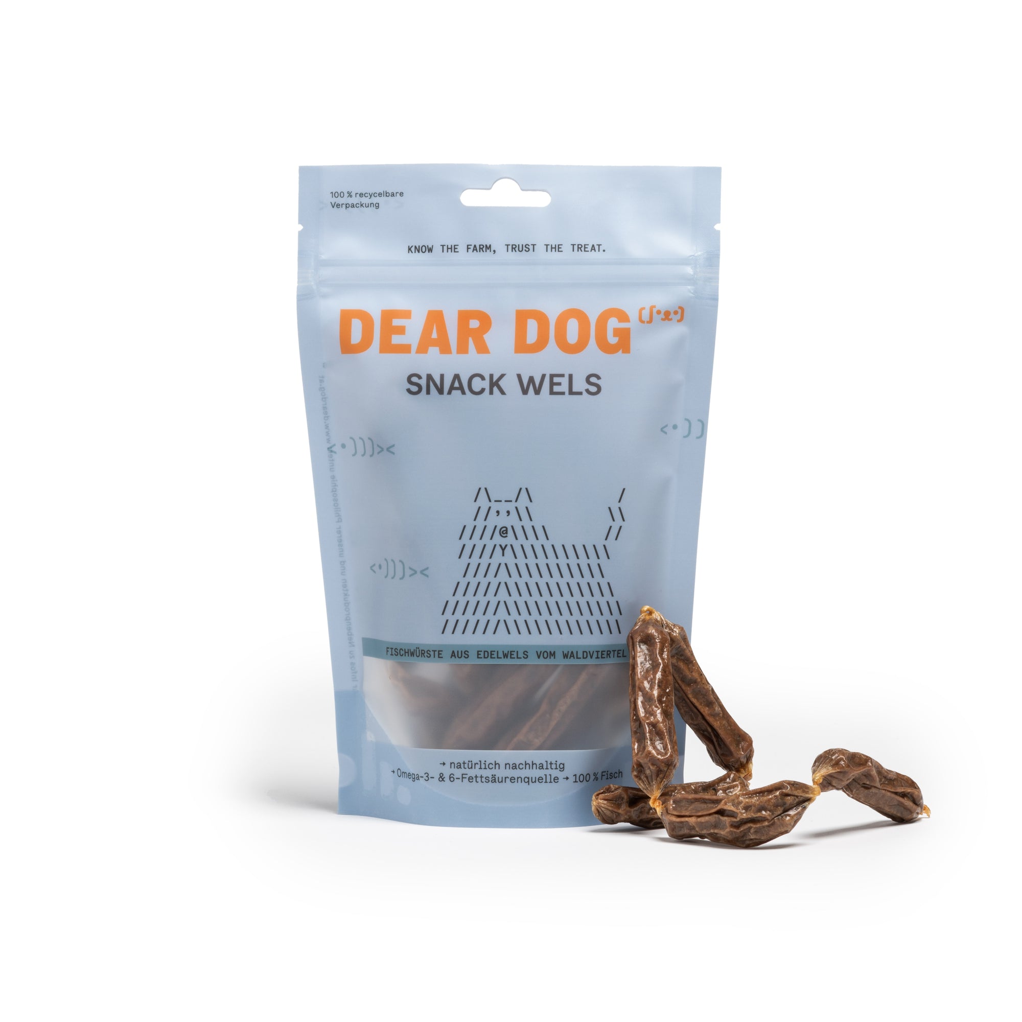 Dear Dog Snack Wels Verpackung mit Produkt daneben 